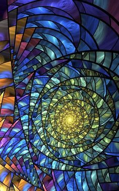 an abstract stained glass window with multiple colors and shapes in it's center, as well as a spiral design