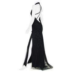 Versace Atelier Black Embellished Tulle Long Dress Gown Circa 90's Designer size 42 - please check measurements Jet Black Silk Embellished with Beads and Sequins, Black Tulle Covered Whole Gown, Plisse Accent, Built in Leotard Bottom Underlay, Side Zip Closure. Measurements approx. Bust - 34", Waist - 28". Made in Italy Excellent Condition. Black Designer Gown, Teen Vampire, Versace Black Dress, Vintage Versace Dress, Black Versace Dress, Evil Vampire, Black Open Back Dress, Versace Atelier, Vampire Core