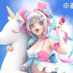 a woman in a pink dress standing next to a white unicorn and holding a toy