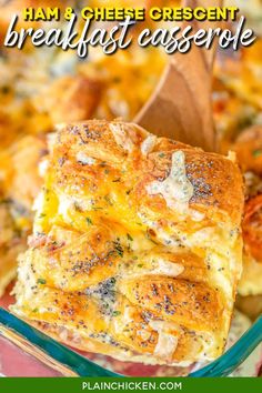 ham and cheese crescent breakfast casserole with a wooden spoon