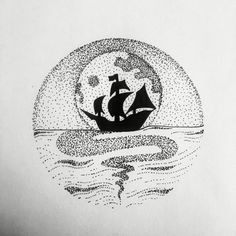 an ink drawing of a ship in the ocean