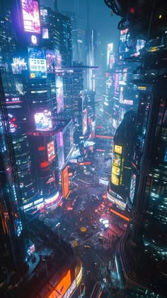 an aerial view of a city at night with lots of neon lights and tall buildings