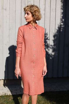 "Handmade in our studio from locally manufactured prewashed 100% linen fabric. Comfortable and perfect for all seasons. - Loose and relaxed silhouette - Classic shirt collar - Button opening at the front side of the whole dress - Long sleeves with cuff and buttons - Hidden pockets at the side seams of the dress FABRIC&CARE Available in any other color of listed linen. Linen fabric is medium weight and 100 % Oeko-Tex certified, which means that it meets ecological requirements. Hand wash or g Linen Shirt Dress, Dress Linen, Simple Shirts, Shirtdress, Linen Dresses, Linen Women, Lithuania, Shirt Collar, Linen Dress