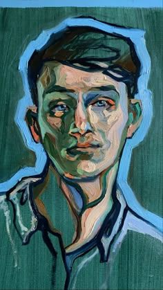 a painting of a man's face on a green background