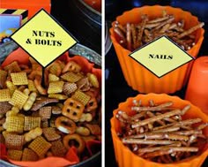 two pictures show different types of nuts and bolts in orange bowls with labels on them