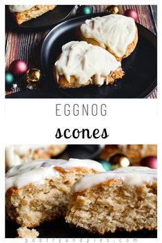 an eggnog scones with icing on a black plate