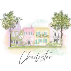 charleston, florida with palm trees and buildings in watercolor on white paper by artmagert