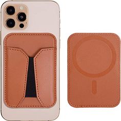 an iphone case with a magnifying glass in the center and a tan leather cover