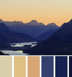 there is a color palette with mountains and water in the backgrounnds