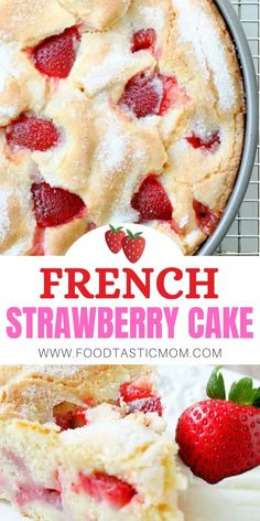 fresh strawberry cake with powdered sugar on top and strawberries in the bottom half