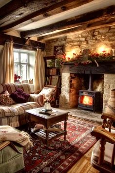 a living room filled with furniture and a fire place