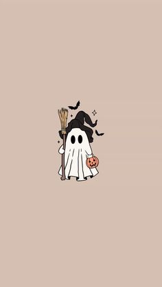 a cartoon ghost holding a broom and wearing a black hat