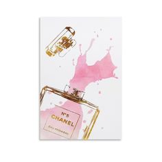 a pink and gold chanel bottle with watercolor splotters