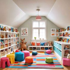 a child's room with lots of bookshelves and toys on the floor