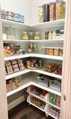 an organized pantry with lots of food in it