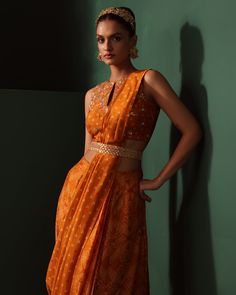 Orange Traditional Drape Set With Cutdana, Yellow Fitted Pre-draped Saree With Cutdana, Orange Fitted Pre-draped Saree, Luxury Yellow Chanderi Pre-draped Saree, Luxury Orange Bollywood Pre-draped Saree, Designer Drapes, Custom Bridal, Indian Outfits, Bridal Wear