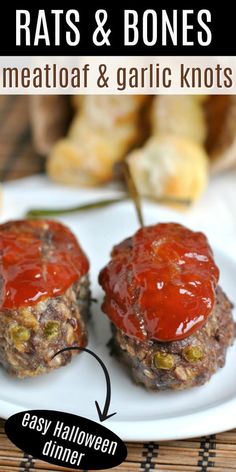 two meatballs covered in ketchup and sauce on top of a white plate