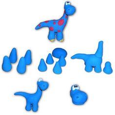 the toy dinosaurs are blue and have red spots on them