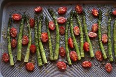 Roasted asparagus with tomatoes and parmesan cheese Peameal Bacon, Pork Back Ribs, Rib Sauce