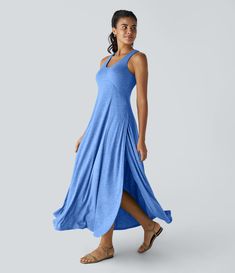 Slip Dress Beach, Casual Tanks, Flowy Maxi Dress, Full Length Dress, Dress Beach, Bleach Wash, Maxi Dresses Casual, U Neck, Ruched Dress