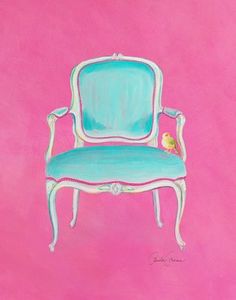 a painting of a blue chair against a pink background with a bird perched on the armrest