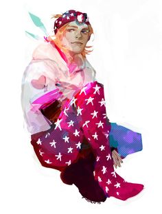 a painting of a woman in pink and white with stars on her pants, sitting down