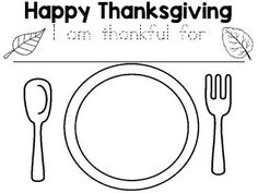 a black and white thanksgiving card with a plate, knife, fork and leaf on it