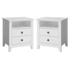 two white nightstands side by side with one drawer open and the other closed on both sides