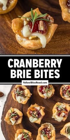 cranberry brie bites on a wooden platter with the title above it