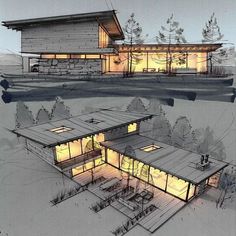 two renderings of a house at night with lights on the windows and trees in the background