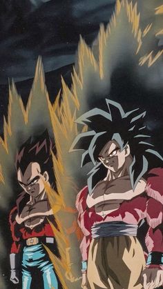 two anime characters standing next to each other in front of a dark sky with clouds