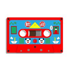 a red and blue tape recorder with panda faces on it's side, in front of a white background