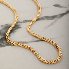 This 3mm diamond cut franco chain is crafted in Italy in solid 14 karat yellow gold. The luxurious franco gold chain is stamped with the 14k (.585) quality hallmark symbol for quality guarantee. Our 3mm franco sparkles just enough to get the right attention and is the perfect gold necklace for men. The real gold chain is also the ideal men’s gold pendant necklace with its rounded profile and strong, heavy gold links that are durable over time. Actual chain width may vary from 2.85mm - 3.20mm. ME Mens Chains Gold For Men, Real Gold Chains For Men, Mens Chain Designs, Cuban Jewelry, Chain For Men Gold, Men Gold Chain, Neck Chain For Men, Italian Gold Chain, Mens Gold Chain Necklace