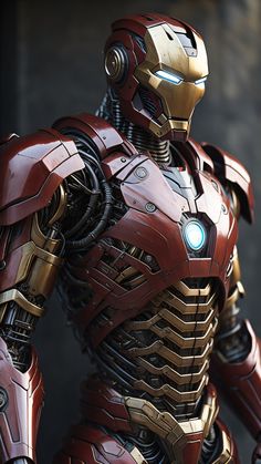 an iron man figure is posed in front of a dark background with light coming from his chest