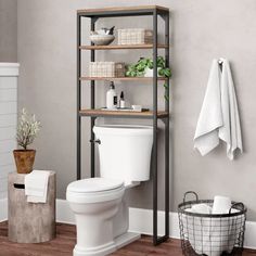 a white toilet sitting next to a wooden shelf