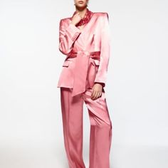 Zara Pink Satin Oversized Matching Blazer Trouser Set. Sold Out!! Blogger Favorite!! Amazing Color!! Pant And Blazer. Elegant Pink Silk Bottoms, Formal Pink Satin Bottoms, Spring Silk Formal Pantsuit, Luxury Evening Sets For Spring, Silk Pantsuit For Spring Evening, Pink Long Sleeve Pantsuit For Evening, Chic Pink Sets For Evening, Glamorous Spring Formal Pantsuit, Silk Long Sleeve Pantsuit For Spring