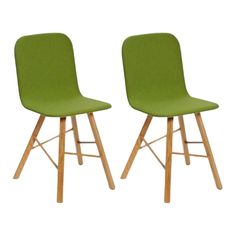 two green chairs sitting side by side with wooden legs and seat covers on each chair