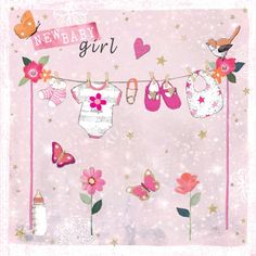 a pink card with baby clothes and flowers