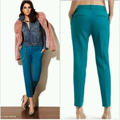 As Seen In Lucky Magazine Monochromatic Matching Is A Top Trend This Season. In This Bright Turquoise-Hued Pant You’ll Master It With True Finesse. Accent Your Singular Color Palette With Luxe Leather And Gold-Tone Accessories. Regular Rise. Regular Fit. Ankle-Length Pant. Two Front Slant Pockets. Two Back Welt Pockets. Single Pleat Zip Fly With Hidden Hook-And-Eye Closure 8 ¾” Front Rise 14 ½” Back Rise 12 ½” Leg Opening 27 ¼” Inseam 54% Polyester, 44% Wool, 2% Spandex Dry Clean Waist: 16.5” Ac Casual Fitted Turquoise Pants, Fitted Turquoise Casual Pants, Fitted Turquoise Bottoms For Spring, Turquoise Fitted Bottoms For Spring, Stretch Turquoise Bottoms For Spring, Womens Navy Blue Dress, White Leather Pants, Turquoise Pants, Navy Blue Dress Pants