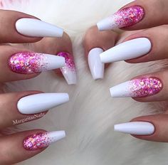 White Coffin Nails, White Glitter Nails, White Acrylic Nails, Amazing Nails, White Nail Art, Makijaż Smokey Eye, Pink Nail Designs, Sparkly Nails