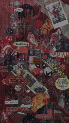 a collage of various stickers and decals on a red background with words that read deadpool