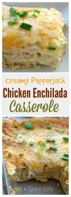 chicken enchilada casserole with green onions on top and in the middle