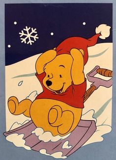 a winnie the pooh christmas card with snowflakes and falling snow on it