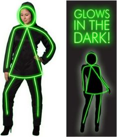 a woman in a neon green glow suit and hoodie with the words battery operated glow on it