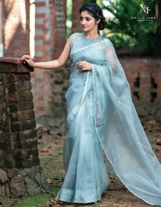 Pastel Blue Organza Saree, Crape Saree Design, Pastel Blue Saree, New Saree Blouse Designs