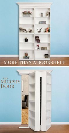 there are two bookshelves in the same room and one is open to reveal more than a book shelf