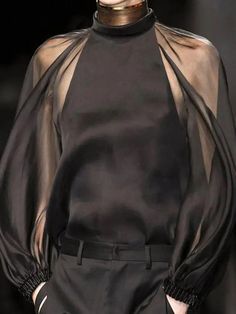 Decoration: Sheer Elasticity: Slight Stretch Sleeve Style: Long Puff Sleeve Material: Polyester, Gauze Collar: Turtleneck Fit Type: Loose Fit Givenchy Fashion Show, Couture Dior, Detail Couture, Givenchy Fashion, Haute Couture Details, Elie Saab Couture, Ready To Wear Saree, Mock Neck Blouse, Black Sheer Blouse