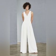 Amsale | Pants & Jumpsuits | Nwt Amsale Ivory Jumpsuit With Pockets And Sheer Back Size 6 | Poshmark Tailored Wedding Dress, Amsale Dress, Evening Jumpsuit, Bridal Jumpsuit, Ball Gown Skirt, Wedding Dress Sizes, Virtual Fashion, White Jumpsuit, Little White Dresses