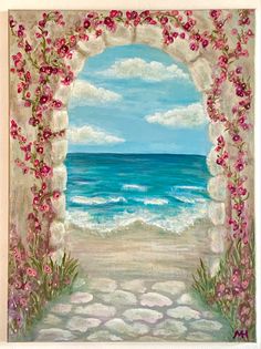 a painting of a beach scene with flowers on the arch and water in the background