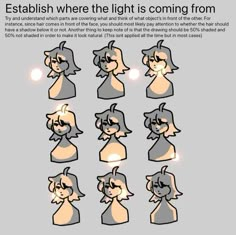 an animated character sheet with different facial expressions and hair styles for each character in the game